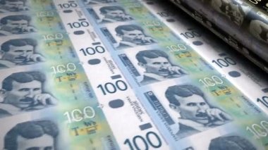 Sırp dinarı para basım makinesinin döngüsünü finanse ediyor. Kağıt RSD banknot baskısı 3D döngü kusursuz. Sırbistan 'da bankacılık, borç, finans, ekonomi ve kriz gibi soyut kavramlar.