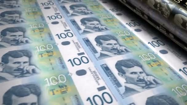塞尔维亚第纳尔钞票印刷滚筒机循环 纸Rsd钞票打印3D环路无缝 塞尔维亚银行 经济和危机的概念摘要 — 图库视频影像