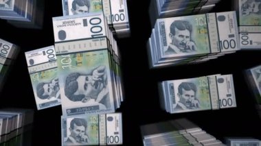 Sırp dinarı para paketi döngüsü. RSD banknotları üzerinden uçuş üst görünümü destekler. Üç boyutlu, kusursuz bir animasyon. Sırbistan 'da ekonomi, kriz, iş ve finans konsepti soyut.