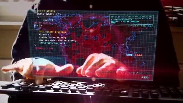 Kibertámadás Kibertámadás Biztonsági Rés Orosz Hacker Képernyőn Távirányítással Dolgozom Otthon — Stock videók