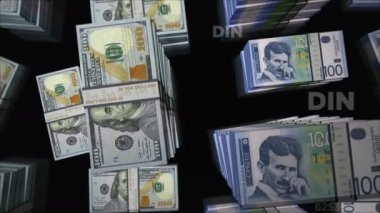 American Dollar ve Sırbistan Dinar para değişimi. Banknotlar tomar tomar. Ticaret, ekonomi, rekabet, kriz, bankacılık ve finans kavramı. Döngüsüz 3D notalar.