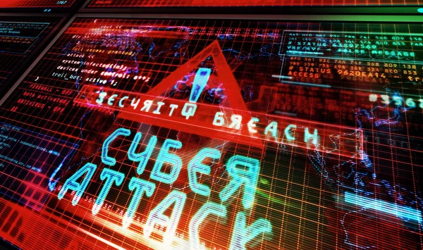 Cyberattack on computer screen. Cyber attack, security breach and russian hacker abstract concept 3d illustration.