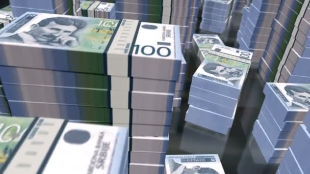 塞尔维亚第纳尔钞票包装循环 3D飞行超过100个Rsd钞票堆栈塔 塞尔维亚商业 经济危机和金融的可浏览的无缝抽象背景概念 — 图库视频影像