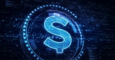 Dolar dengeli para birimi işi ve dijital para sembolü dijital konsept. Ağ, siber teknoloji ve bilgisayar arkaplanı soyut 3d canlandırması.