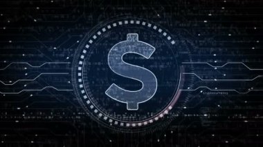 Dolar dengeli para birimi işi ve dijital para sembolü soyut dijital konsept. Ağ, siber teknoloji ve bilgisayar arkaplanı kusursuz ve döngülü animasyon.