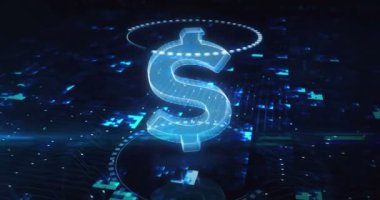 Dijital arka planda dolar dengeli para birimi işi ve dijital para hologramı sembolü görünüyor. Ağ, siber teknoloji ve bilgisayar soyut konsepti 3D animasyon.