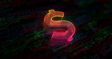 Dolar dengeli para birimi işi ve dijital para renkli sembol konsepti. Ağ, siber teknoloji ve bilgisayar arkaplanı soyut 3d canlandırması.