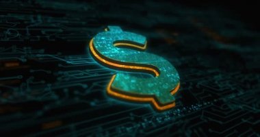 Dolar dengeli para birimi işi ve dijital para renkli sembol konsepti. Ağ, siber teknoloji ve bilgisayar arkaplanı soyut 3d canlandırması.