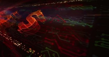 Elektronik devre arka planında dolar dengeli para birimi işi ve dijital para hologramı sembolü görünüyor. Siber teknoloji ve bilgisayar soyut kavramı 3 boyutlu kusursuz ve döngüsel.