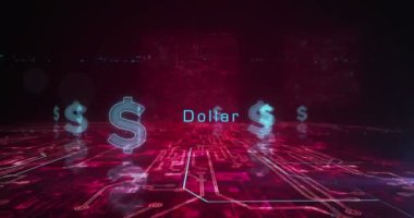 Dolar istikrarlı para birimi işi ve dijital para sembolü soyut siber konsept. Dijital teknoloji arka planı pürüzsüz ve döngüsel dinamik 3D animasyon.