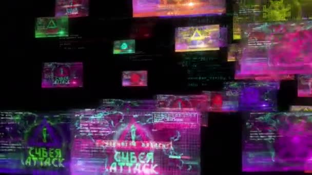Cyberaanval Computerschermen Cyberaanval Inbreuk Beveiliging Russische Hacker Concept Loopable Naadloos — Stockvideo