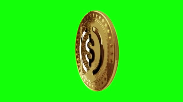 Usdc Usd Coin Stablecoin Cryptocurrency Isolated Gold Coin Green Screen — Stock Video