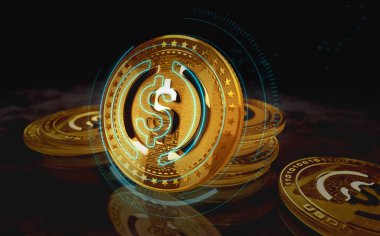 USDC USD Bozuk Parası. Yeşil ekran arka planında kripto altın sikke. Soyut konsept 3d illüstrasyon.