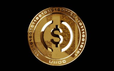 USDC USD Bozuk Para ahır kripto para birimi yeşil ekran arka planında altın madeni para izole etti. Soyut konsept 3d illüstrasyon.