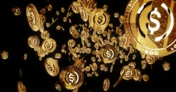 Usdc Usd Coin Stablecoin Cryptogeld Geïsoleerd Vliegen Tussen Gouden Munten — Stockvideo