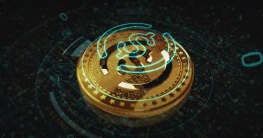 USDC USD Bozuk Para. Kripto altın para dönüyor. Kamera 3 boyutlu metal parlaklıklar etrafında döner. Fintech, çevrimiçi ödeme ve dijital işlem soyut kavramı.