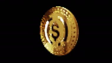 USDC USD USD Bozuk Para. Eski piksel mozaik 80 'ler tarzında kripto altın para. Dönen altın metal döngüsü soyut kavram. 3B döngü kusursuz döngü.