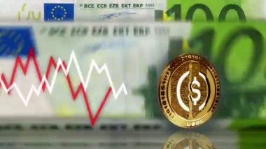 USDC USD Coin stablecoin cryptocurrency golden coin over 100 Euro banknotes. Eur note counting and chart line on background. Loopable and seamless 3d abstract concept.