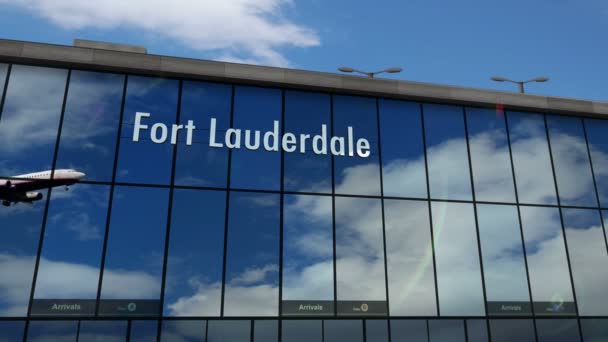 Aterragem Avião Fort Lauderdale Flórida Eua Chegada Cidade Com Terminal — Vídeo de Stock