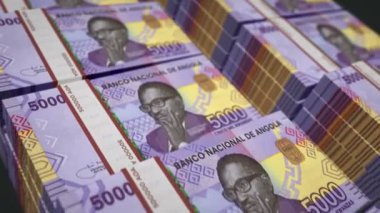 Angolan Kwanza money pack loop 3d animation. Loopable seamless concept of finance, cash, economy, business and bank in Angola. Camera moving over the 5000 AOA banknote bundle stacks.