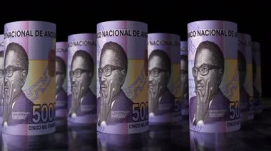 Angolan Kwanza money rolls loop 3d animation. Camera moving in front of the AOA rolling banknotes. Seamless loopable concept of economy, finance, business and debt in Angola.