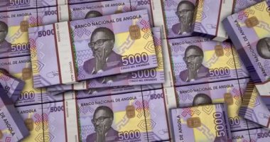 Angolan Kwanza banknotes 3d animation. Camera view from close to long distance. AOA money packs. Concept of inflation, economy, crisis, business, banking, debt and finance in Angola.