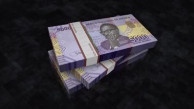 Angolan Kwanza money pile pack. Concept background of economy, banking, business, crisis, recession, debt and finance in Angola. 5000 AOA banknotes stacks 3d animation.