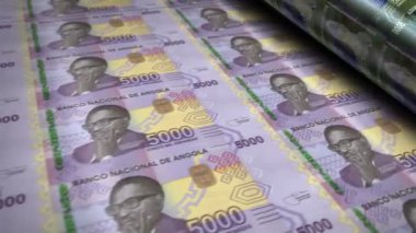 Angolan Kwanza money banknotes printing roll machine loop. Paper AOA bank note print 3d looping seamless. Abstract concept of banking, debt, finance, economy and crisis in Angola.