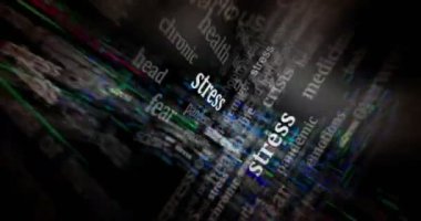 Stres, akıl sağlığı ve depresyon kriziyle ilgili manşet başlıkları. Soyut konsept döngü gösterir. Ekranlar arasında uçma efekti pürüzsüz ve döngülü 3d.