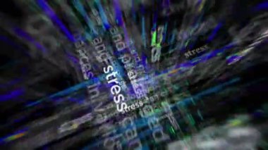 Stres, akıl sağlığı ve depresyon kriziyle ilgili manşet başlıkları. Soyut konsept döngü gösterir. Ekranlar arasında uçma efekti pürüzsüz ve döngülü 3d.