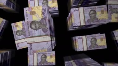 Angolan Kwanza money pack loop. Flight over AOA banknotes stacks top view. 3d loopable seamless animation. Abstract background concept of economy, crisis, business and finance in Angola.
