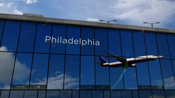 Aircraft Landing Philadelphia Pennsylvania Usa Rendering Illustration Arrival City Glass — Stockfoto