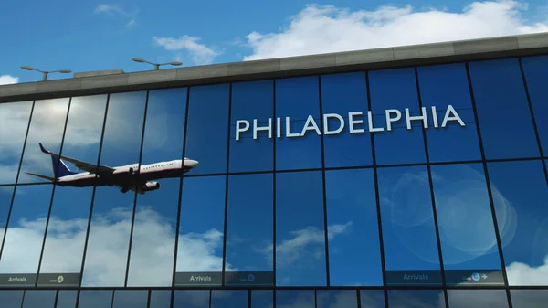 Aircraft Landing Philadelphia Pennsylvania Usa Rendering Illustration Arrival City Glass — Stockfoto