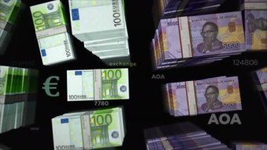 Euro and Angola Kwanza money exchange. Paper banknotes pack bundle. Concept of trade, economy, competition, crisis, banking and finance. Notes loopable seamless 3d animation.