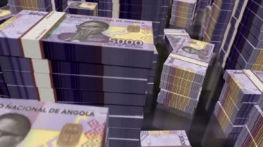 Angolan Kwanza money notes packs loop. 3D flight over 5000 AOA banknotes stacks towers. Loopable seamless abstract background concept of business, economy crisis and finance in Angola.
