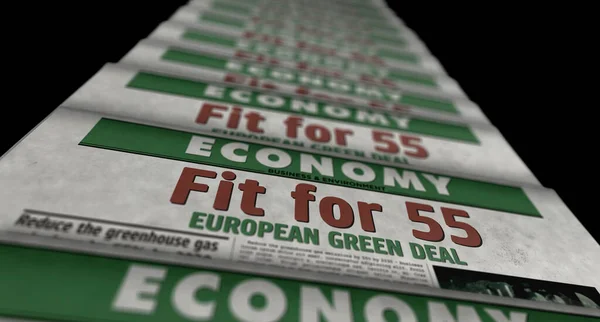 Fit for 55 European Green Deal and reduce the greenhouse gas emissions. Newspaper print. Vintage press abstract concept. Retro 3d rendering illustration.