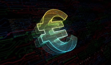 Euro stabil para birimi işi ve dijital para sembolü dijital konsept. Ağ, siber teknoloji ve bilgisayar arkaplanı soyut 3D resimleme.