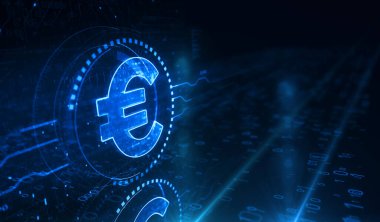 Euro stabil para birimi işi ve dijital para sembolü dijital konsept. Ağ, siber teknoloji ve bilgisayar arkaplanı soyut 3D resimleme.