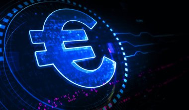 Euro stabil para birimi işi ve dijital para sembolü dijital konsept. Ağ, siber teknoloji ve bilgisayar arkaplanı soyut 3D resimleme.