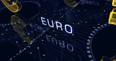 Euro stabil para birimi işi ve dijital para sembolü soyut siber konsept. Dijital teknoloji arka planı pürüzsüz ve döngüsel dinamik 3D animasyon.