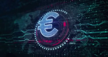 Euro stabil para birimi işi ve dijital para sembolü soyut dijital konsept. Küresel ağ ve siber teknoloji arkaplanı pürüzsüz ve döngülü 3D animasyon.