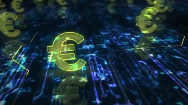 Euro stablecoin currency business and digital money symbol abstract cyber concept. Digital technology and computer background seamless and looped 3d animation.