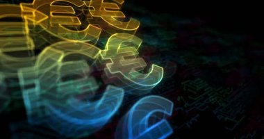 Elektronik devre arka planında Euro stabil para birimi işi ve dijital para hologramı sembolü görülüyor. Siber teknoloji ve bilgisayar soyut kavramı 3 boyutlu kusursuz ve döngüsel.