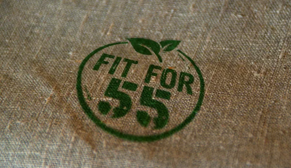 Fit for 55 stamp printed on linen sack. European Green Deal and reduce the greenhouse gas emissions concept.
