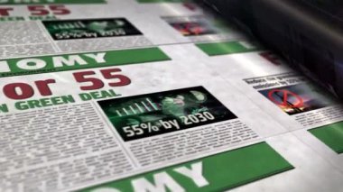 Fit for 55 European Green Deal and reduce the greenhouse gas emissions daily newspaper report roll printing. Abstract concept 3d rendering seamless looped animation.