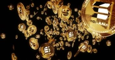 Solana SOL stablecoin cryptocurrency isolated flying between golden coins background. Rotating golden metal coins loop abstract concept pattern. Loopable and seamless animation.