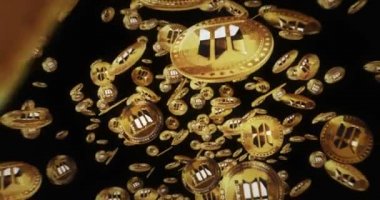 Solana SOL stablecoin cryptocurrency isolated flying between golden coins background. Rotating golden metal coins loop abstract concept pattern. Loopable and seamless animation.