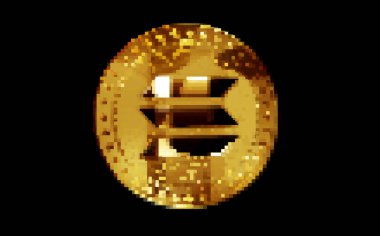 Solana SOL stablecoin cryptocurrency gold coin in retro pixel mosaic 80s style. Rotating golden metal abstract concept 3D illustration.