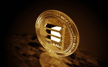 Solana SOL ahır bozuk para kripto altın para yeşil ekran arka planda. Soyut konsept 3d illüstrasyon.