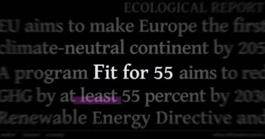 Headline news across international media with Fit for 55 green deal reduce the greenhouse gas emissions. Abstract concept of web news titles broadcast on screens loop. Seamless and looped animation.
